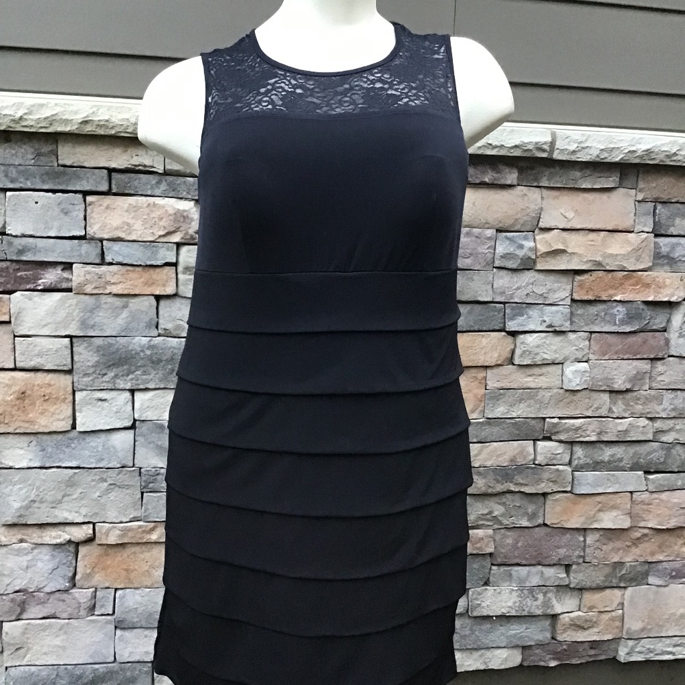 Enfocus stretch knit dress, black stretch lace cross neckline.  Great traveler.